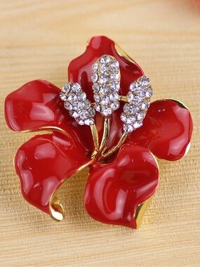 Anthropologie Red Enamel Floral Crystal Brooch